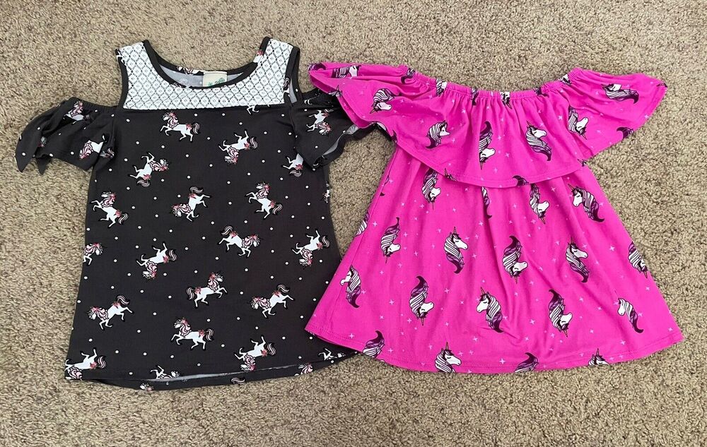 Lot of 2 Unicorn Theme Cold Shoulder Flounce Sleeveless Girls Top Size 6 7/8
